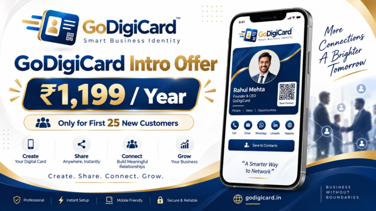 GoDigiCard digital visiting card introductory offer at ₹1,199 per year”.
