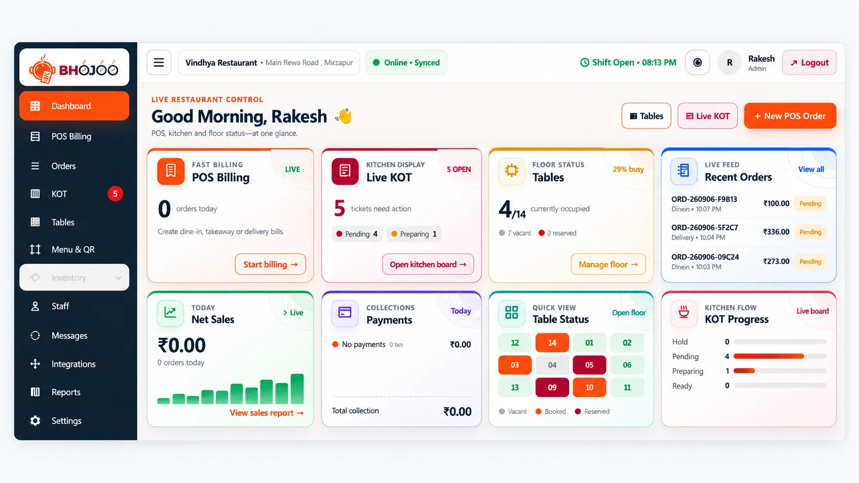 Bhojoo restaurant POS dashboard with sales, KOT, tables, payments and recent orders