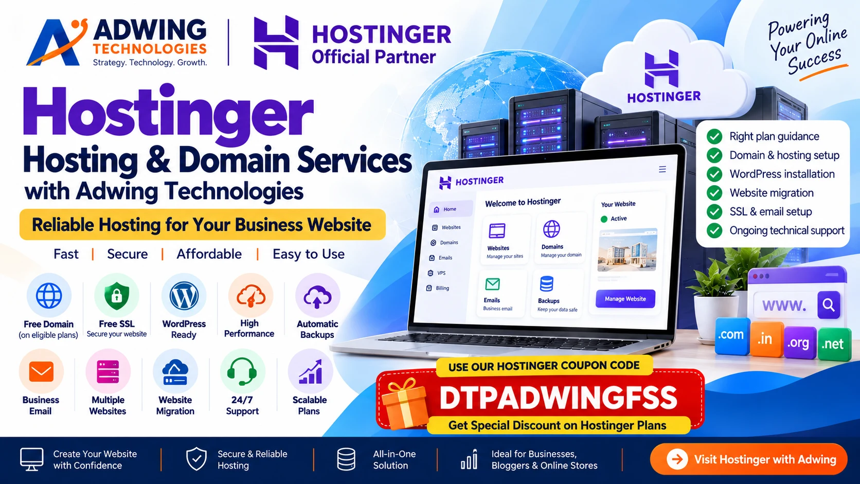 Hostinger hosting and domain services with Adwing Technologies coupon code DTPADWINGFSS